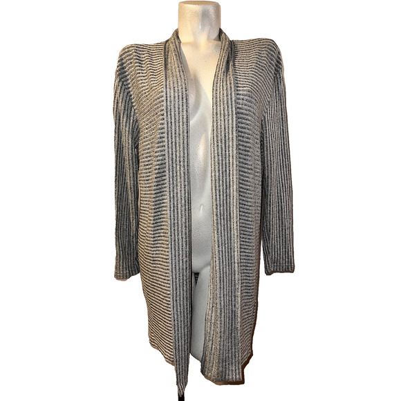 Banana Republic Sweaters - BANANA REPUBLIC Sweater Women's Size M Black Grey Ribbed Stripe Open LS Cardigan